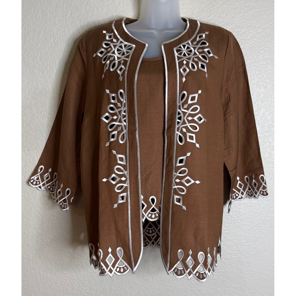 Bob Mackie Womens M 2 Piece Set Brown Linen‎ Blend Embroidered Jacket Tank Top